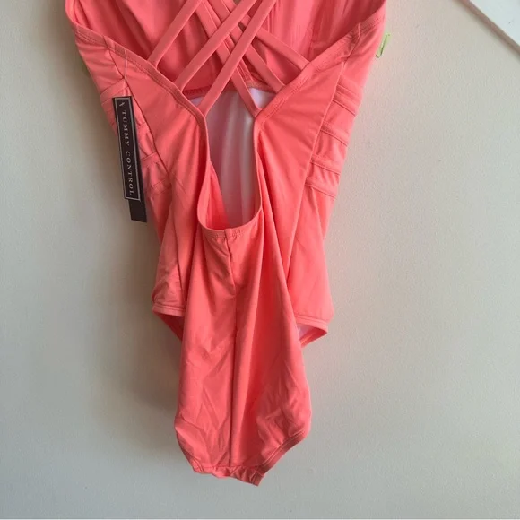 NWT La Blanca Island Goddess Criss Cross Back Strap One Piece Swim Orange Sz 14